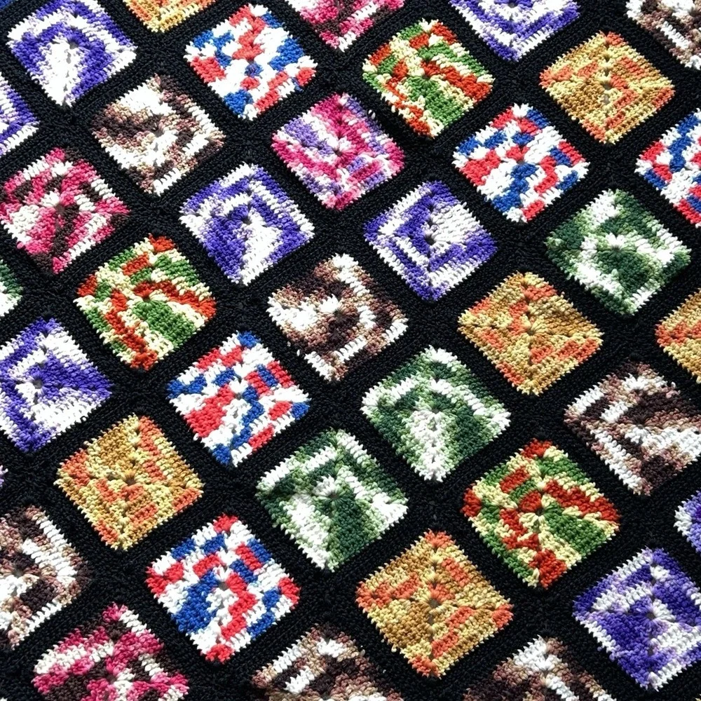 Vintage Colorful Granny Square Afghan HandMade 70s Boho 61 X 61 Sofa Chair Throw